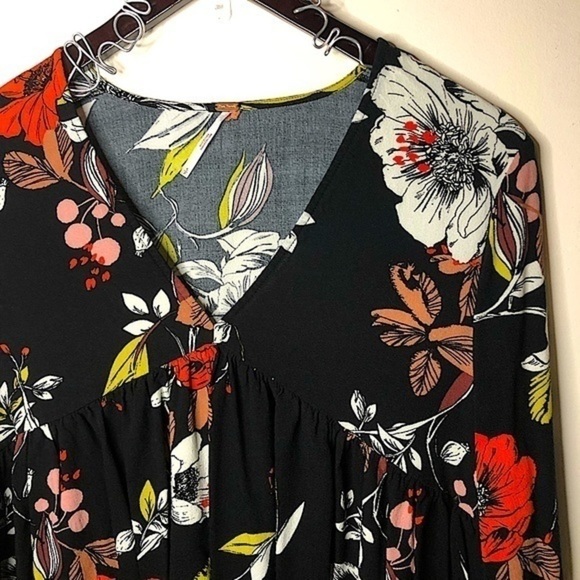 Free People Long Sleeve V-Neck Floral Print Black Flowy Mini Dress Size Small - Picture 6 of 9